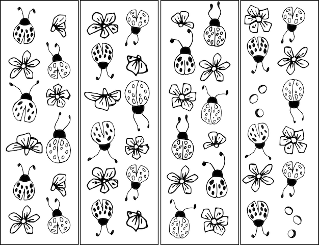 てんとう虫と花の4つの異なるパターン手描きライナー