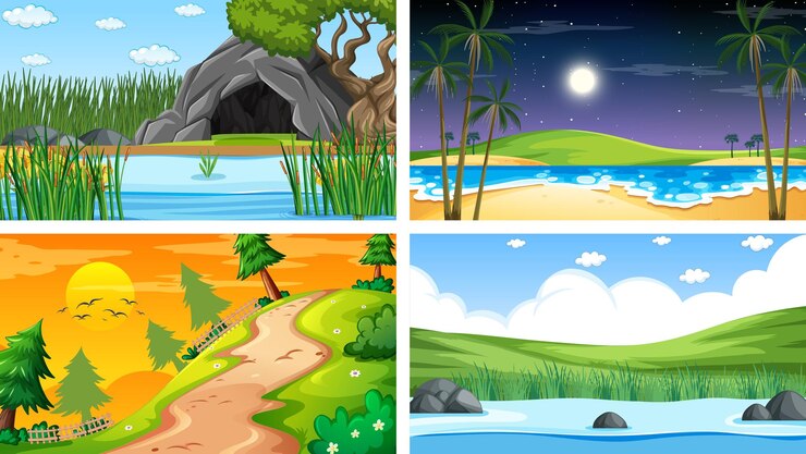 Vector four different scene of nature park and forest