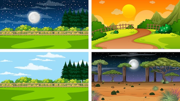 Vector four different scene of nature park and forest