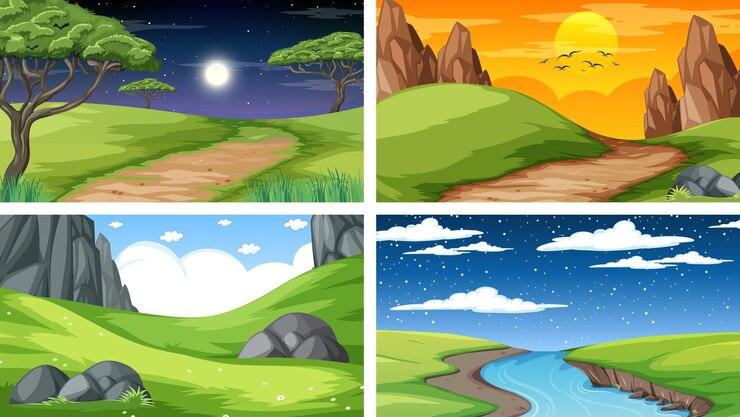 Vector four different scene of nature park and forest