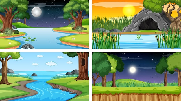 自然公園と森の4つの異なるシーン