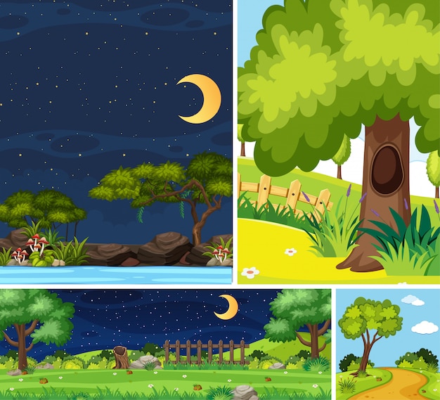 Four different scene of nature place in vertical and horizon scenes at daytime and night