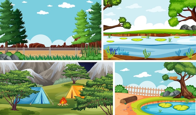 自然設定漫画スタイルの4つの異なるシーン