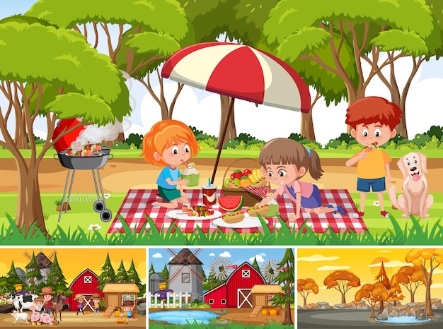 Vettore quattro scene diverse con il personaggio dei cartoni animati per bambini