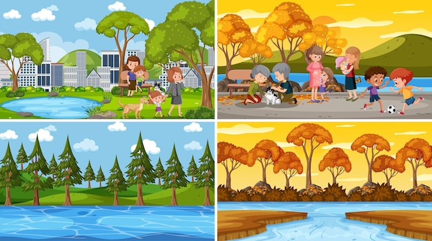 Quattro scene diverse con il personaggio dei cartoni animati per bambini