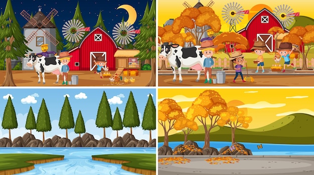 Vector four different scenes with children cartoon character