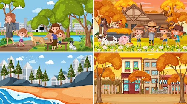 Four different scenes with children cartoon character