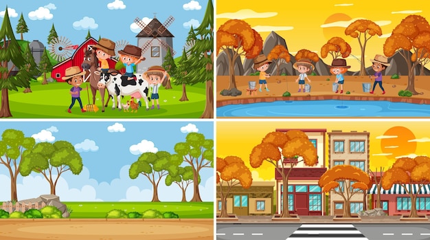 Four different scenes with children cartoon character