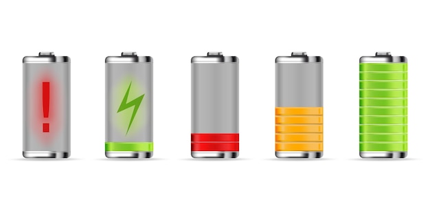 Four different types of batteries with different colors and one that says energy