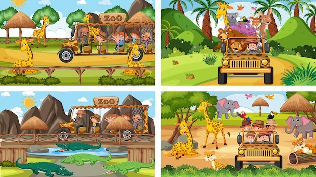 Four different zoo scenes with kids and animals