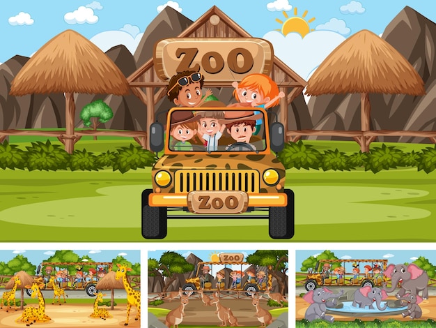 Four different zoo scenes with kids and animals