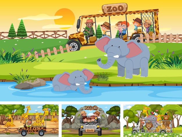 Vector four different zoo scenes with kids and animals