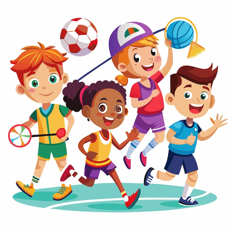 Vector four diverse children playing different sports