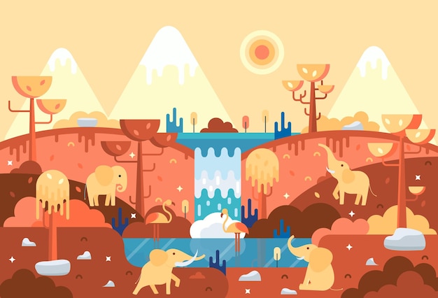 Four elephants in flat cartoon stile panorama with animals near water