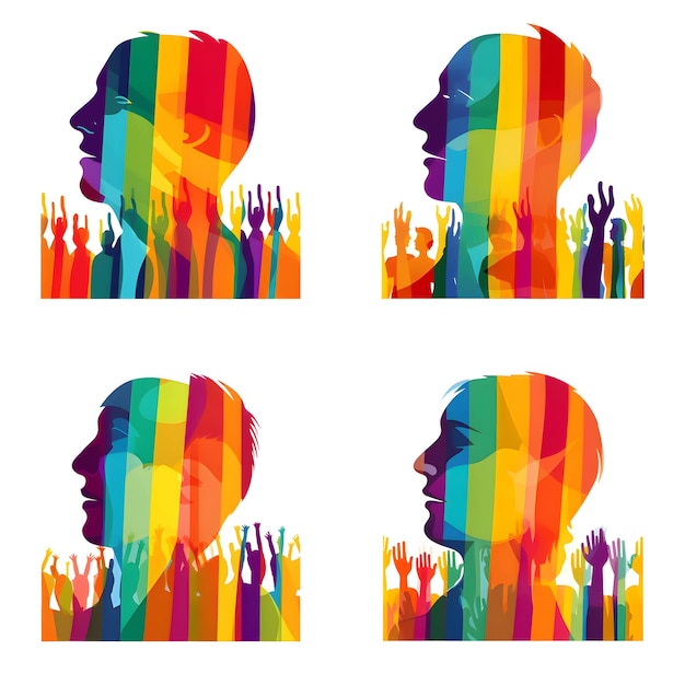 Four examples of rainbow logo head with hands raised around LGBT abstraction