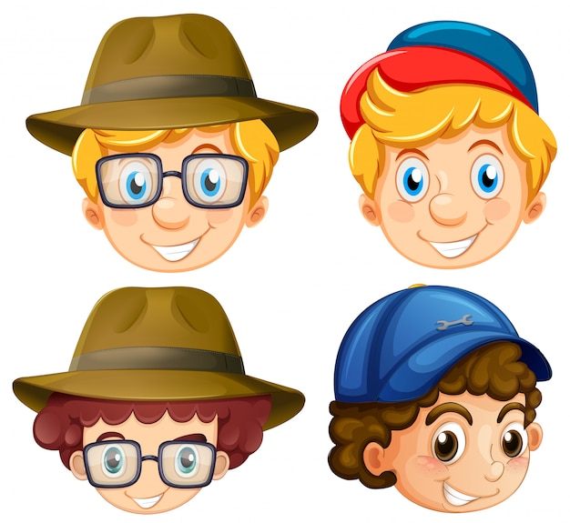 Vector four faces of boys wearing hats