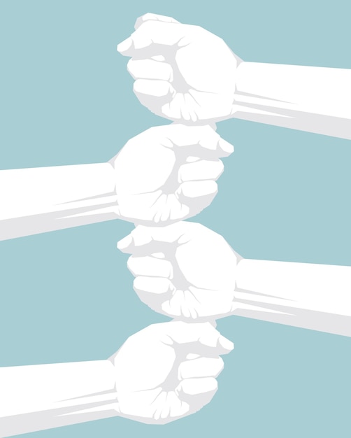 Four fists overlapped, Teamwork concept.Isolated on blue background.