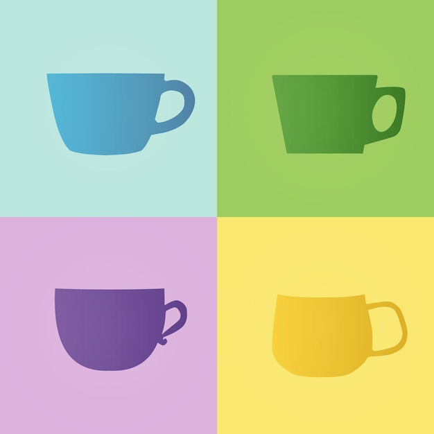 コーヒーフロントデザインプリントの4つの平らなカラフルなカップ