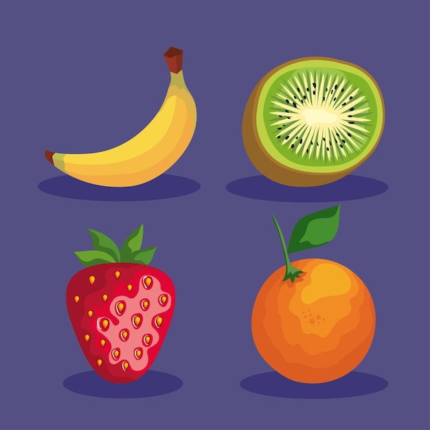 Вектор Четыре свежие фрукты здоровые иконки