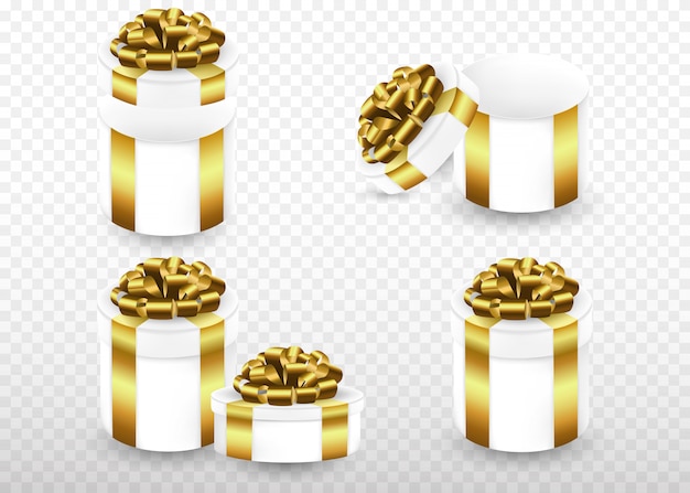 Four gift boxes with golden ribbon and bow. Set greeting boxes in different forms