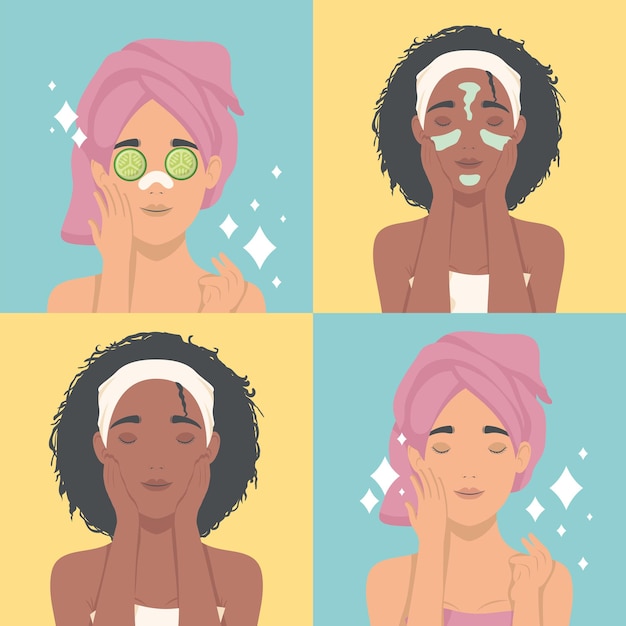 Vector four girls with skincare masks characters