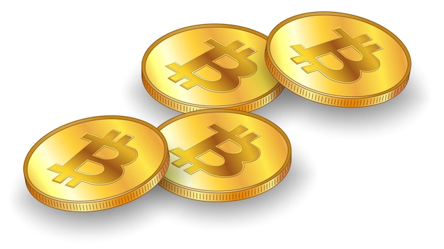 Четыре золотые монеты Bitcoin BTC с тенью в изометрической проекции на белом фоне Элемент дизайна