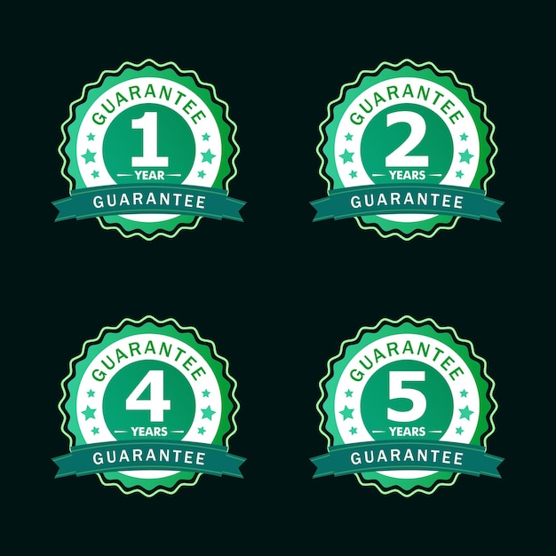Four green labels with the words guarantee and 5 years.
