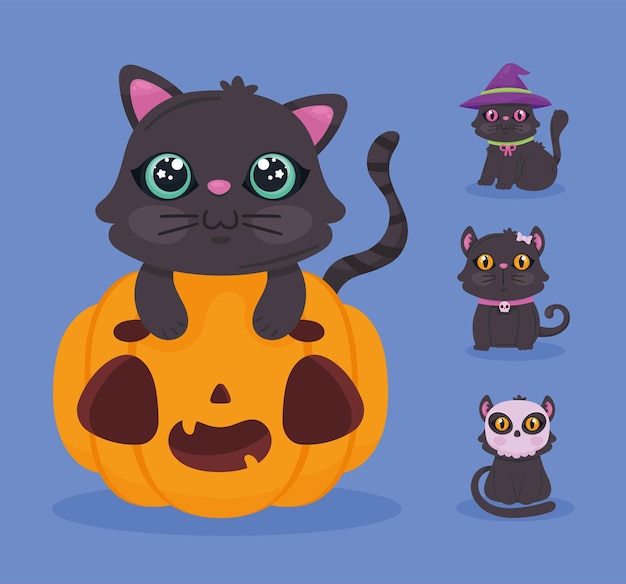 4 つのハロウィーンの猫の文字