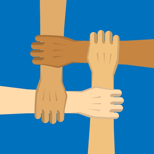 Four hand cooperation on blue background