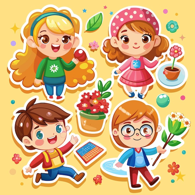 Vector four happy cartoon kids in sticker style with flowers