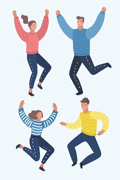 4 명의 행복 한 아이, 남자와 여자, 흥분, 흰색 배경에 그림에 점프. 웃으면 서 행복에서 점프하는 행복하고 쾌활한 만화 아이