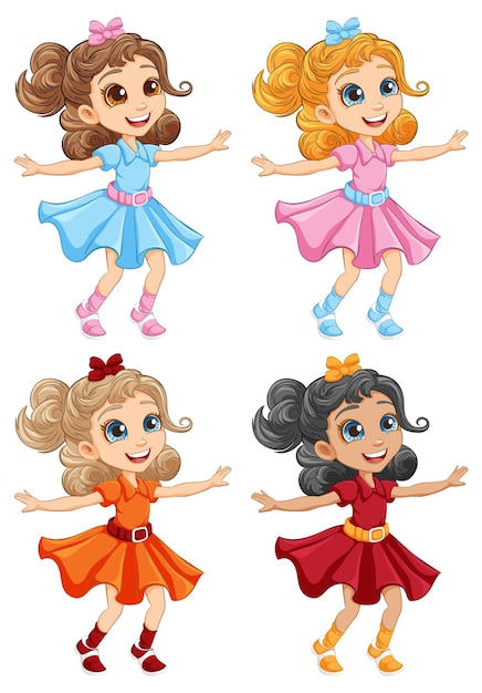 異なる色のドレスで踊る4人の幸せな女の子