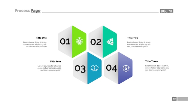 4 개의 육각형 스텝 차트. 옵션 다이어그램, 프로세스 차트, 슬라이드 템플릿.