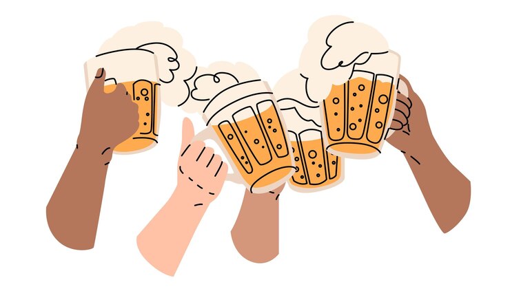 Vector four human hands with large mugs of foamy beer are extended for a toast celebrating a holiday relaxing on the weekend with friends at the pub vector illustration isolated on white background