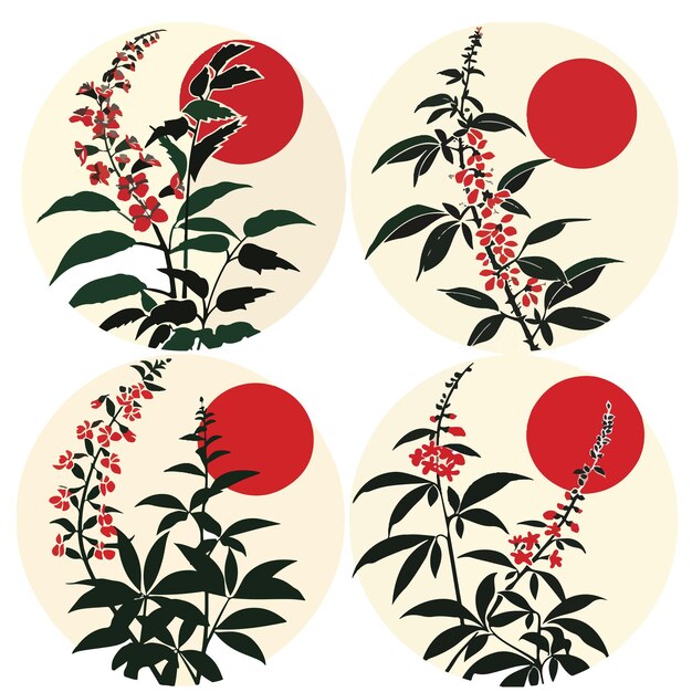 Four images of flowers and leaves with a red circle and the red circle in the middle