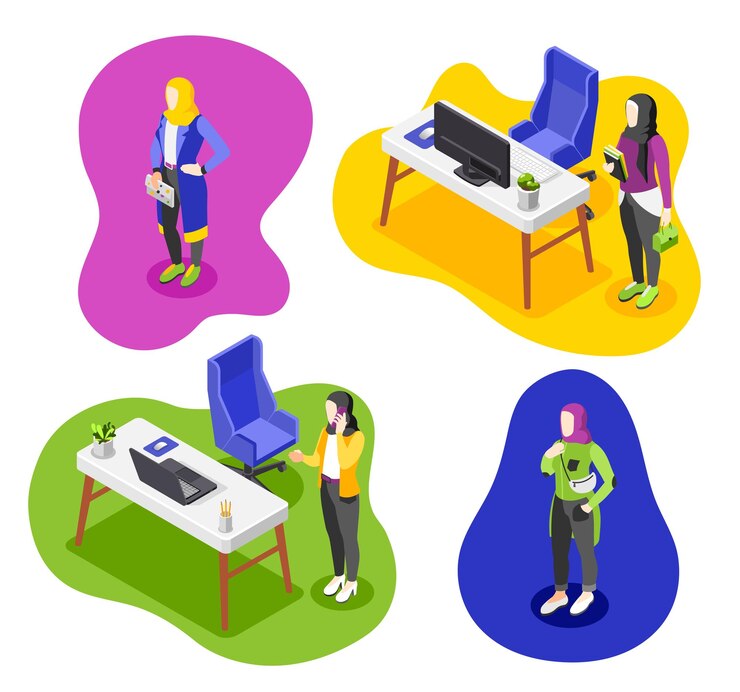 Vector four isometric colored compositions with business woman characters in hijab isolated abstract vector illustration