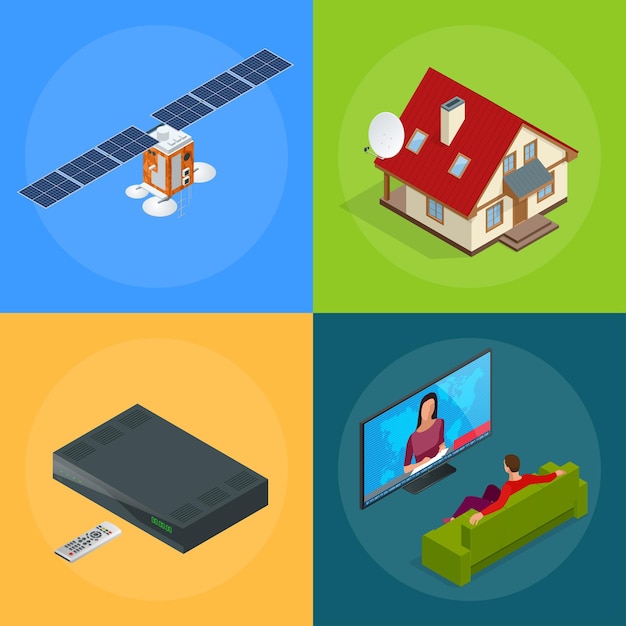 Four isometric web concepts a house with an antenna, satellite, a tv tuner, a man watching television. wireless technology and global communication. gps satellite vector illustration world global net