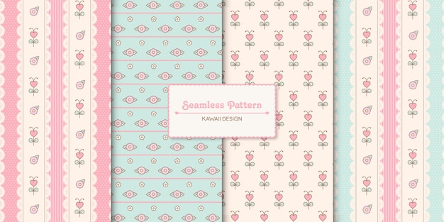 Four kawaii floral seamless patterns set  