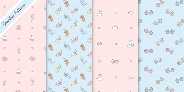 Four kawaii seamless patterns set premium vector