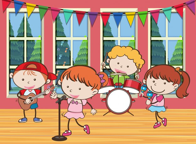 Vettore quattro bambini che suonano musica nella band