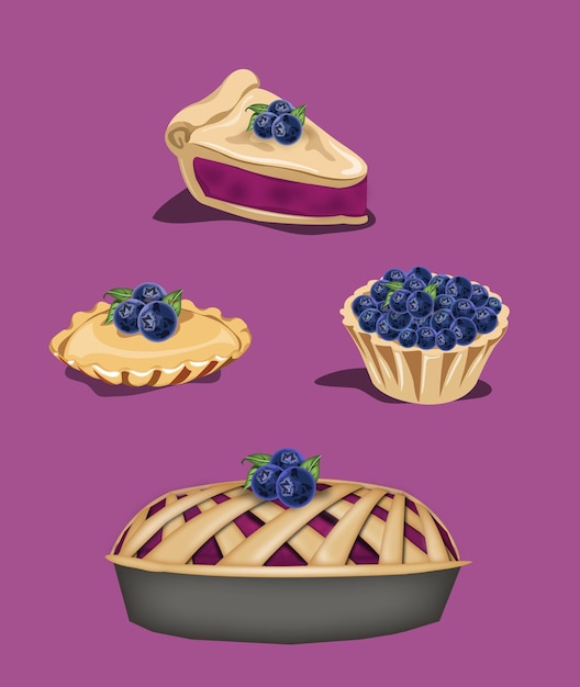 Four kinds of pastries with full fillings of blueberries in purple