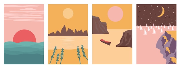 Quattro poster di paesaggi ambientati in stile boho minimalista