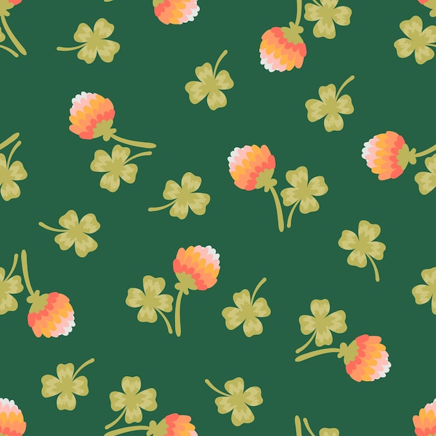 Four leaf clover with pink flower vector seamless pattern Lucky clover cartoon texture Shamrock