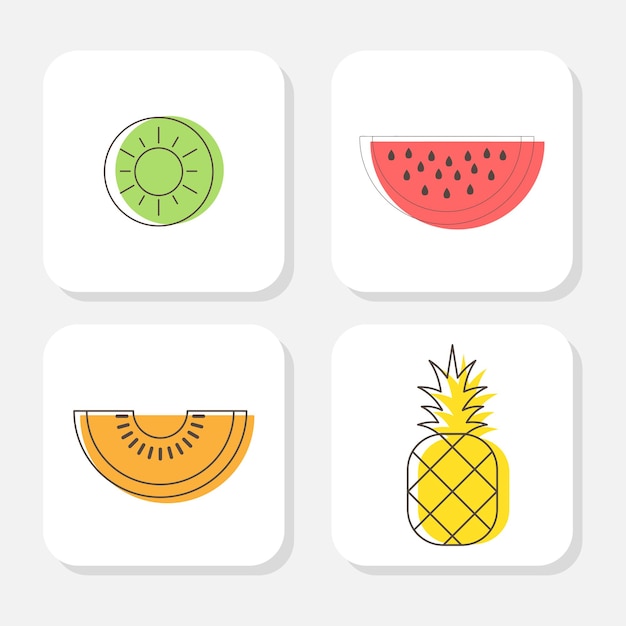 Four linear icons, kiwi, watermelon, melon, pineapple