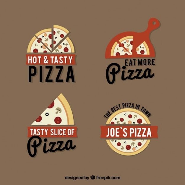 Four logos for pizza on a brown background