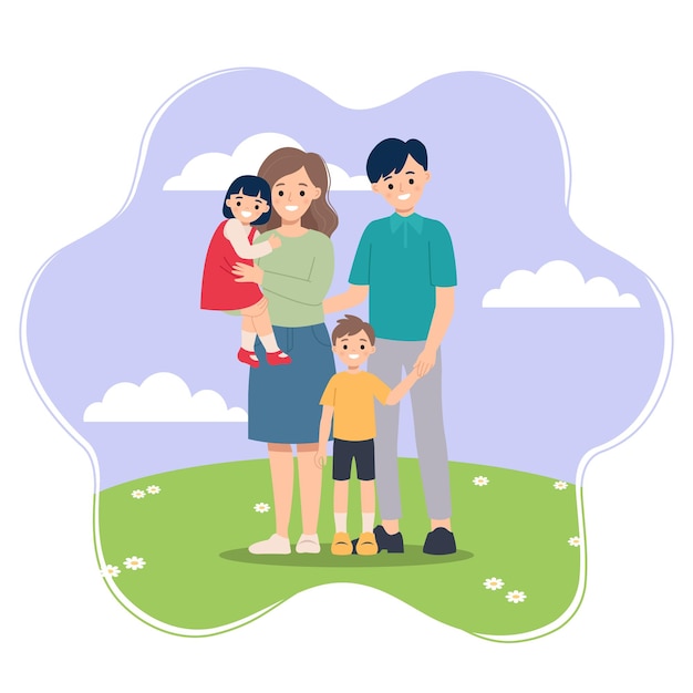 Four member family pose together in the park. Happy family concept. Flat  cartoon style isolated.