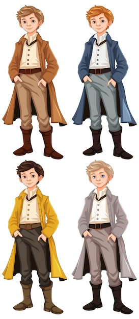 Вектор Четверо мужчин в викторианских винтажных нарядах