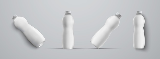 four mockup plastic white bottle from different angles white color templates isolated on background