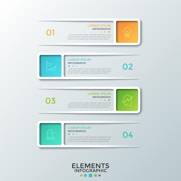 Four modern rectangular frames with numbers, linear icons and place for text inside placed one below other. concept of list with 4 options or steps. infographic design template.