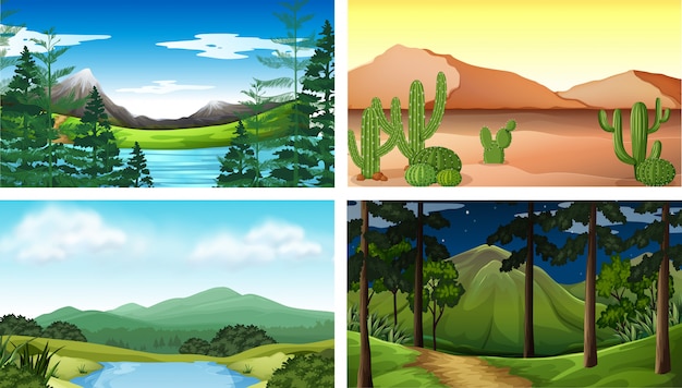 Quattro scene della natura con alberi e montagne Vettore Premium